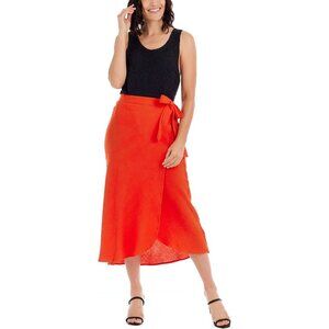 Mud Pie Ladies Red Orange Pull On Midi Skirt Size L Gauzy Cotton Faux Wrap